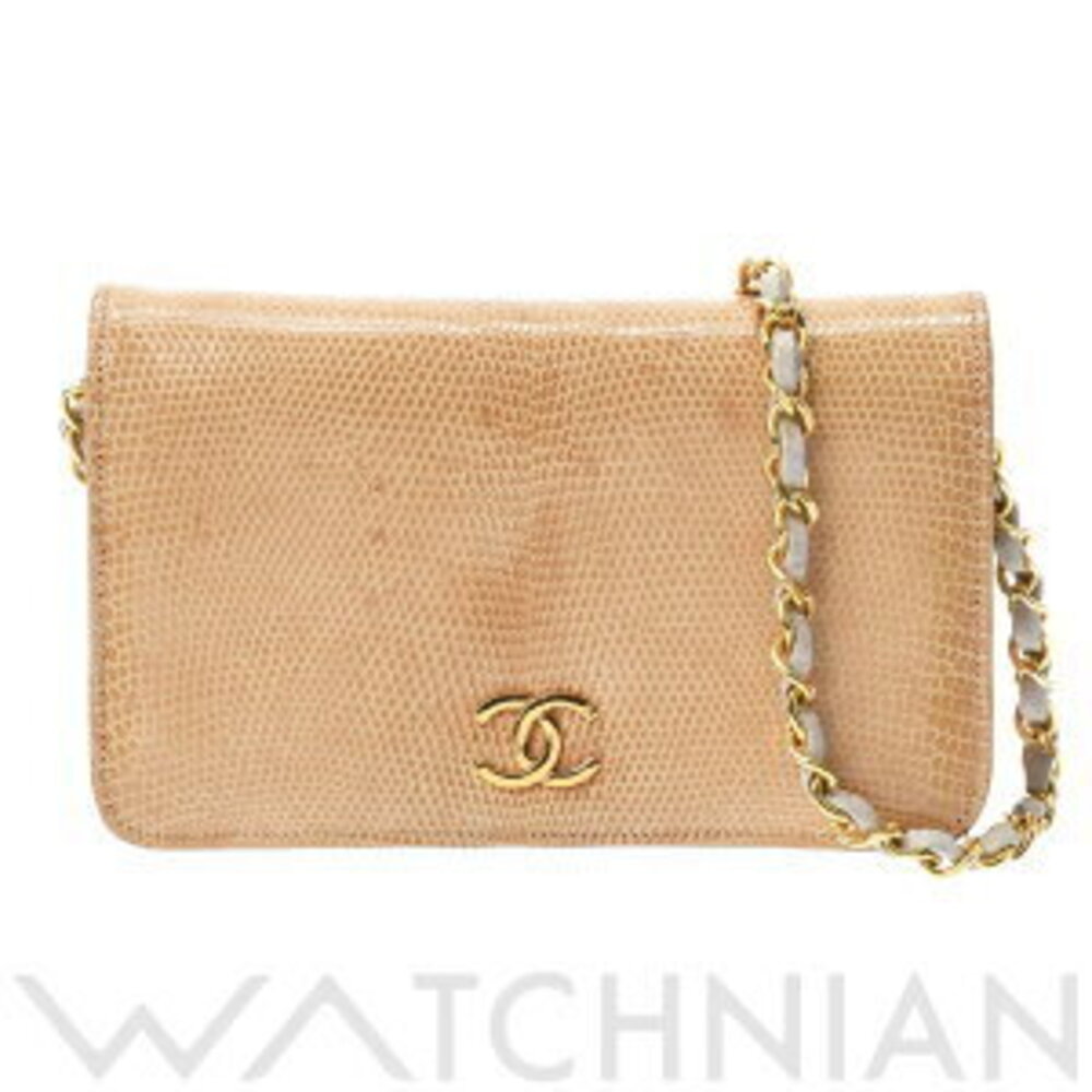 Chanel Push Lock Chain Shoulder Bag Beige Lizard